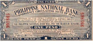 1 Peso
Issued by Cebu Currency Committee, Province of Cebu City Philippines Banknote