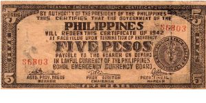 5 Pesos
Issued by Bohol Emergency Currency
Board, Bohol City Philippines Under the Commonwealth of the Philippines 1942 Banknote