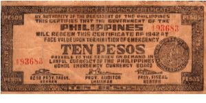 10 Pesos
Issued by Bohol Emergency Currency Board for Bohol City Philippines under the Commonwealth of the Philippines in 1942 Banknote