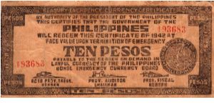 10 Pesos
Issued by Bohol Emergency Currency Board for Bohol City Philippines under the Commonwealth of the Philippines in 1942 Banknote