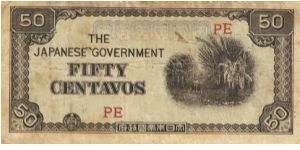 PI-105 Philippine 50 centavos note under Japan rule, block letters PE, buff paper. Banknote