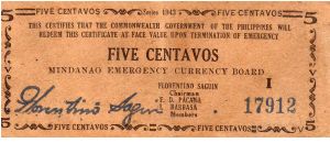 5 Centavos
Issued by Mindanao Emergency Currency Board in the Philippines 1943 Banknote