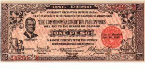 1 Peso
Issued by Negros Occidental Currency Committee of the Philippines in 1942
O: Manuel L. Quezon Banknote