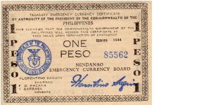 1 Peso
Issued by Mindanao Emergency Currency Board under the Commonwealth of the Philippines in 1944 Banknote