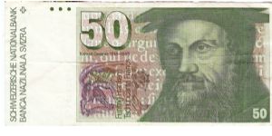 50 Franken.

Format: 159x74mm

Konrad Gessner on face; eagle owl, Primula auricu-la plant and stars on vertical format on back.

Pick #56h Banknote