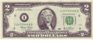 USA two dollar note. One of three sequential uncirculated. Banknote