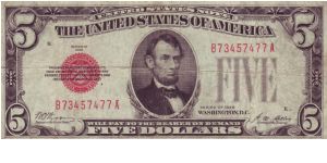 USA red seal five dollar note. Banknote