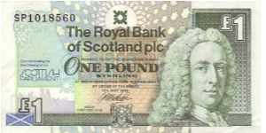 Royal Bank of Scotland special 'First meeting of the Scottish Parliament' pound note. Reverse features the old Scottish Parliament building. Banknote