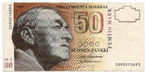 50 Markkaa.

Alvar Aalto at left on face; Finlandia Hall at center on back.

Litt. A

Pick #118 Banknote