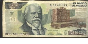 Like #82 but only three signatures.

Without SANTANA 28.3.1989

Black, dark green and brown on multicolour underprint. J. Sierra at left center. University building at right. 19th century countyard on back. Banknote