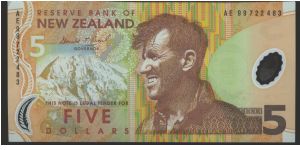 Brown and brown-orange on multicolour underprint. Mt. Everest at left. Sir Edmund Hillary at center. Back brown and blue; flora with Yellow-eyed penguin at center right. Banknote