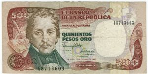 Colombia 1990 500 Pesos.
Special thanks to Agustinus Mangampa and Adelina Silalahi Banknote