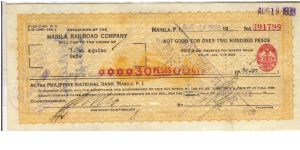 Manila Railroad Company Check with 2 cent imprinted revenue stamp. Banknote