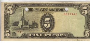 PI-110 Philippine 5 Pesos note under Japan rule, plate number 51, hole cancel. Banknote