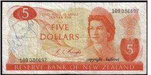 $5 Knight AUTOGRAPH - 109 036697. Signed by Lindsay Knight - NZ Chief Cashier. Banknote