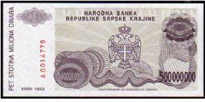 *REPUBLIC of SERBIA KRAJINA*
_________________

500'000'000 Dinara
Pk R26a
----------------- Banknote