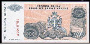 *REPUBLIC of SERBIA KRAJINA*
________________

5'000'000 Dinara
Pk R24a
---------------- Banknote