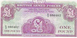 4th SERIE
BRITISH ARMED FORCES
1 POUND
K/2 880402

P # M36 Banknote