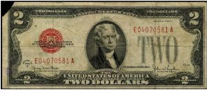 Series 1928G $2 US Note.  Serial: E04070581A Banknote