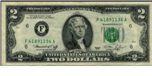 Series $2 Atlanta FRN.  Serial: F41891136A Banknote