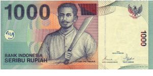 1000 Rupiah. Kapitan Pattimura on front, fishing boat and volcano on back Banknote