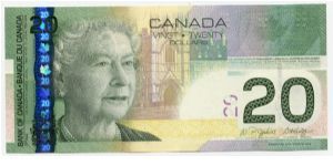 2005 IBNS 'Bank Note of the Year' The 20-dollar note issued by the Bank of Canada carries a portrait of Queen Elizabeth II. The portrait used on the award-winning design of the 20-dollar note is probably the finest portrait of the mature monarch to appear on any bank note. 
-IBNS Banknote