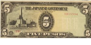 PI-110 Philippine 5 Pesos replacement note under Japan rule, plate number 20. Banknote