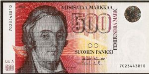 500 Markkaa.

Elias Lonnrot at left on face; Punkaharju on back.

Pick #120 Banknote