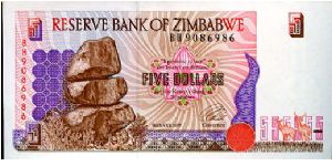 $5
Signed Governor LL Tsumba
Matapos Rocks & Gazells
Gazells & Terraced hills
Security Thread
Watermark Zimbabwe Stone carved Bird Banknote