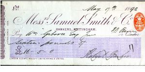 S Smith & Co Bankers of Nottingham  
1892
Cheque £16.5.0  
1d duty stamp red
2 sigs to front
Rev blank Banknote