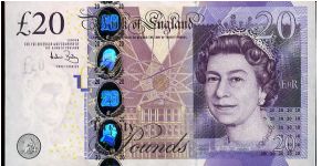 £20
Purple
Chief Cashier Andrew Bailey
Front  Bank of England, Holographic strip & BoE seal, QEII
Rev Adam Smith Author of 'Wealth of Nations' Scene from his book 'workers in a pin factory '
Security Thread
Watermark QEII Banknote