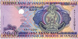 200 Vatu. Chief/Arms on front. Statue of family, Traditional parliament and flag on back Banknote