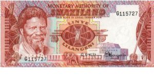1 Lilangeni. King Sobhuza II on front.  Ncwala ceremony on back Banknote