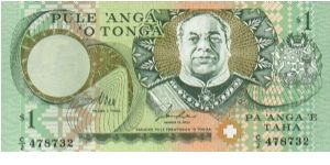 1 Pa'anga. King Taufa'ahau on front. Palm Tree scene on Back Banknote