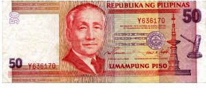 50 Piso
Red/Purple
Sergio Osmena, Bank seal, Fountain & Gavel
Legislative building 
Security stip
Watermark Sergio Osmena Banknote