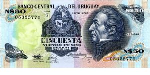 50 New Pesos
Green/Black/Blue/Rose
Coat of Arms & J G Artigas
Goverment building
Series G
Security thread
Watermark J G Artigas Banknote