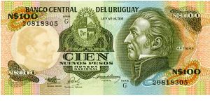 100 New Pesos
Green/Orange/Mauve
Coat of Arms & J G Artigas
Goverment building
Series G
Security thread
Watermark J G Artigas Banknote