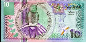 10 Gulden
Green/Purple's
Black throated Mango  & Coat of Arms
Central Bank building & Scarlet Star
Security thread
Watermark  Central Bank building Banknote