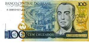 100 Cruzados
Blue/Brown
Roads, Power station & President J Kubitschek 
Old and modern buildings 
Sign. Pereira & Oliveira 
Security thread
Watermark J Kubitschek Banknote