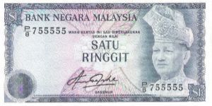 1 Ringgit w/Serial No:P/8 755555
The Revision C of first Series was issued in 1981

Obverse:The portrait of the first Seri Paduka Baginda Yang di-Pertuan Agong-King of Malaysia

Reverse:The traditional design of Kijang Emas, an official logo of Bank Negara Malaysia.

Signed By: Gabenur of Bank Negara Malaysia, Tan Sri Dato' Abdul Aziz bin Haji Taha

Size:
120.5 x 64.0 mm  1 Banknote