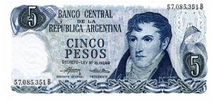 1974/76
5 Pesos
Blue
Ley #18.188/69
Gen Manuel Belgrano
Monument to the flag at Rosario  
Watermark Banknote