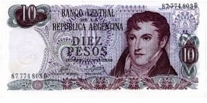 1973/76
10 Pesos
Purple
Ley #18.188/69
Gen Manuel Belgrano
Waterfalls at Iguazu   
Watermark Banknote