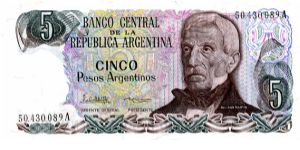 1974/78
5 Pesos
Purple/Brown/Black
Series 'B'
Elderly Gen San Martin
Hot springs at Jujuy 
Watermark Banknote