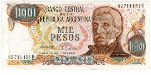 1976/83
1000 Pesos
Brown
Series H
Elderly Gen San Martin
Plaza de Mayo
Watermark multiple sunbursts Banknote