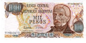 1976/83
1000 Pesos
Brown
Series I
Elderly Gen San Martin
Plaza de Mayo
Watermark multiple sunbursts Banknote