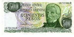 1977/82
500 Pesos
Green
Elderly Gen San Martin
Army monument at Mendoza  
Watermark multiple sunburstssunbursts Banknote