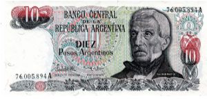 1983/84
10 Pesos
Green/Red/Black
Series 'B'
Elderly Gen San Martin
Waterfalls at Igazu on 
Watermark multiple sunbursts Banknote