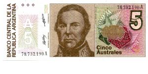 5 Austral
Brown
Sig's 'C' 
J.J de Urquiza 
Liberty with torch & shield 
Watermark multiple sunbursts Banknote