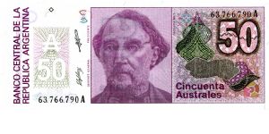 50 Austral
Purple
Sig's 'C' 
Bartolome Mitre   
Liberty with torch & shield 
Watermark multiple sunbursts Banknote