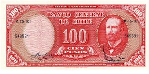 1960/61
10 centesimo = 100 pesos. Ovpt on P122 10 condores = 100 pesos 
Red
Arturo Prat
Red Bank seal at base
Watermark General Bernardo O'Higgins Banknote